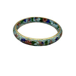 Vintage Plique A Jour Bangle Bracelet Delicate Floral Colorful Blue Tones Bangle
